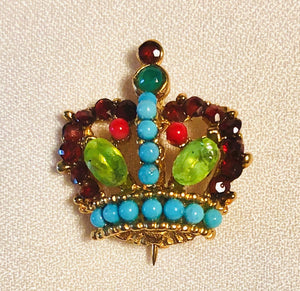 Garnet, Turquoise, Peridot and Coral Crown Brooch