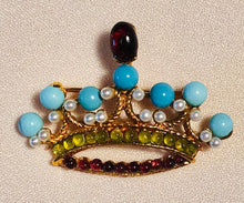 Load image into Gallery viewer, Turquoise, Peridot, Garnet and Pearl Crown Brooch
