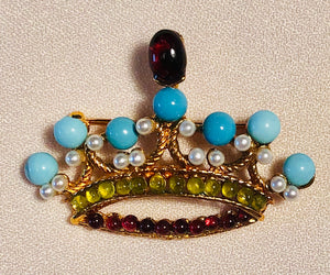 Turquoise, Peridot, Garnet and Pearl Crown Brooch