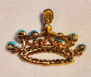 Turquoise, Peridot, Garnet and Pearl Crown Brooch