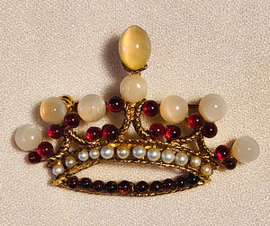 Genuine Moonstone, Garnet and Pearl Crown Brooch