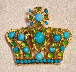 Turquoise and Peridot Crown Brooch