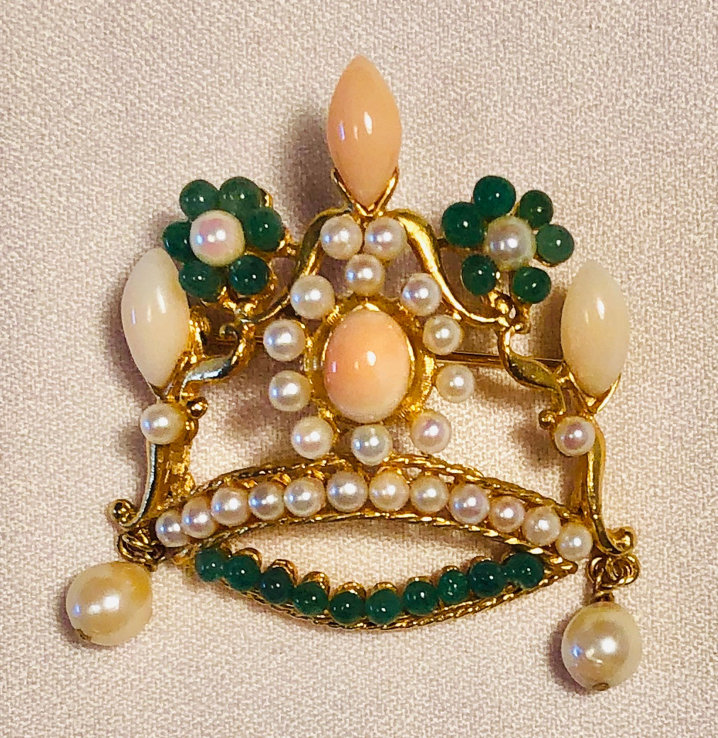 Coral, Pearl and Aventurine Crown Brooch
