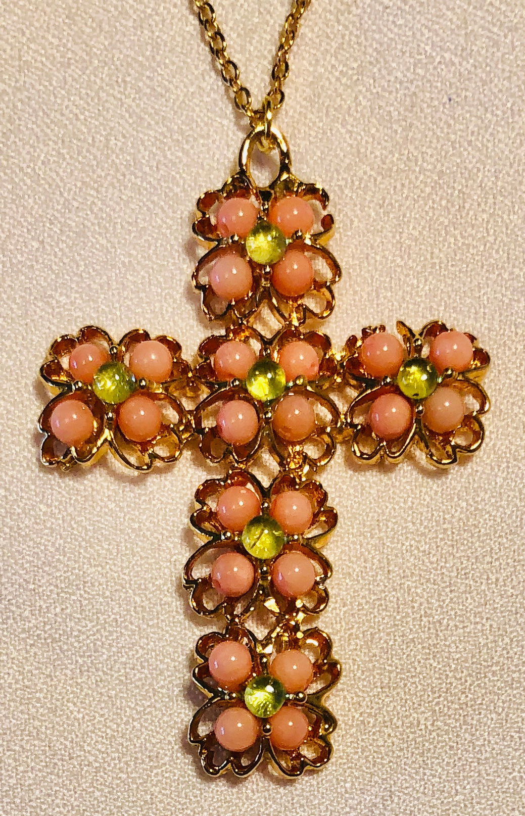 Coral and Peridot Cross Pendant