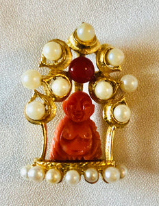 Coral and Cultured Pearl Buddha Brooch
