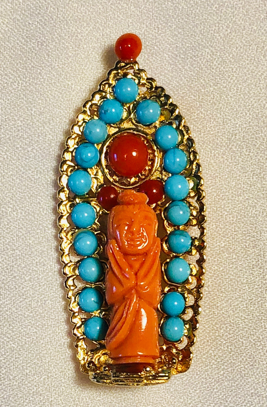 Coral and Turquoise Brooch