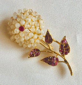 Genuine Moonstone and Ruby Layered Flower Brooch