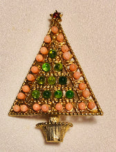 Load image into Gallery viewer, Coral, Peridot and Ruby Christmas Tree Brooch
