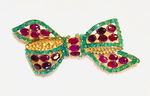 Genuine Emerald and Ruby Bow Brooch