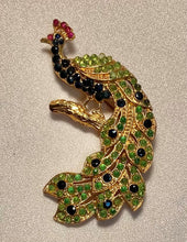 Load image into Gallery viewer, Genuine Sapphire, Peridot, and Ruby Perched Peacock Brooch
