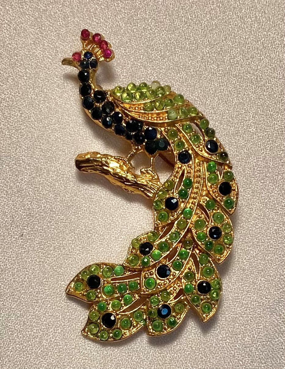 Genuine Sapphire, Peridot, and Ruby Perched Peacock Brooch