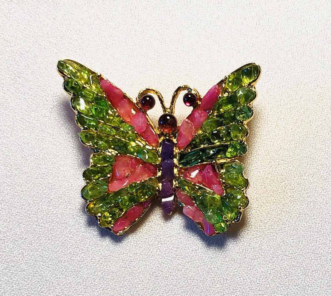 Peridot, Pink and Howlite  Butterfly Brooch