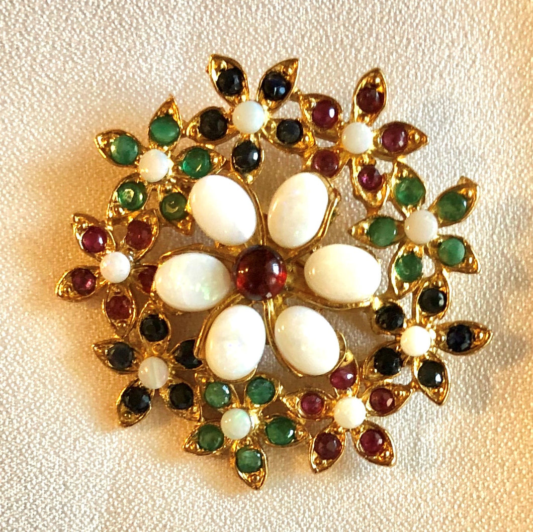 Genuine Ruby, Sapphire, Emerald and Opal Flower Brooch