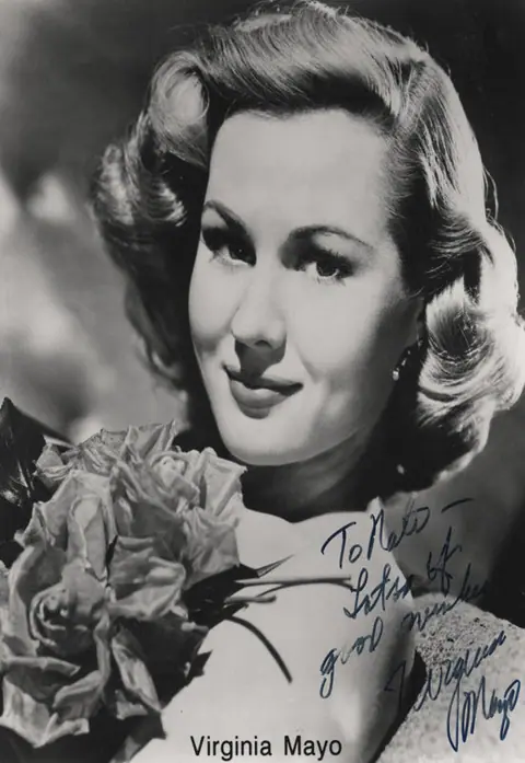 Black-and-white signed portrait of actress Virginia Mayo inscribed to Nate
