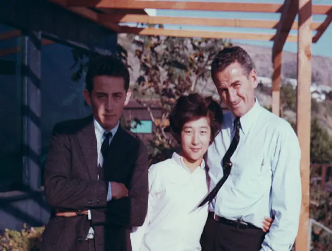 Nate Waxman on his wedding day with Edward Swoboda and Kumja, outdoors in Los Angeles