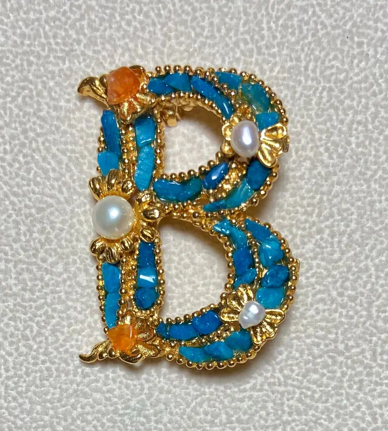"B" Initial Brooch — Howlite, Pearl, Carnelian