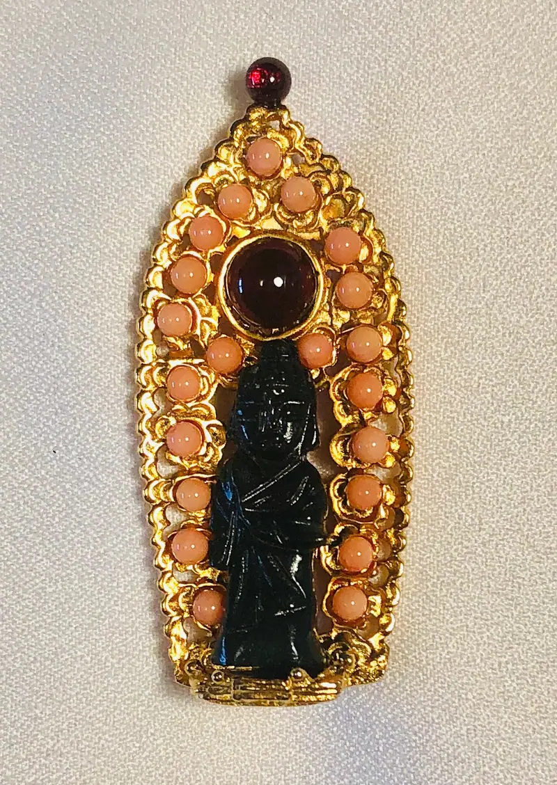 Buddha Brooch — Coral and Garnet