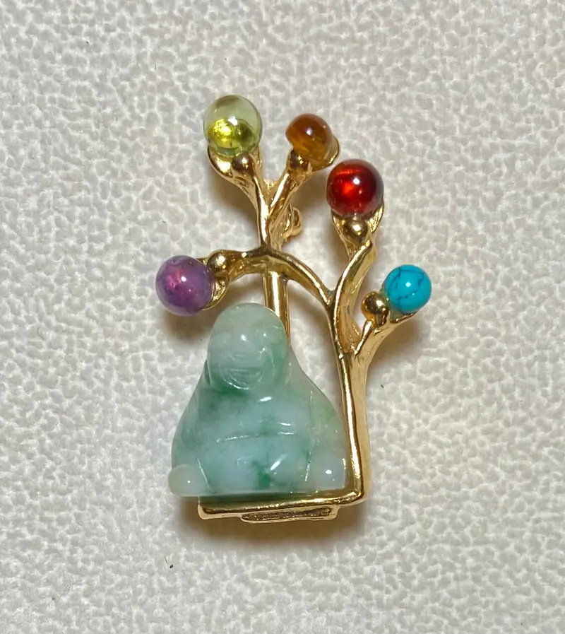 Buddha Brooch — Peridot, Garnet, Amethyst, Turquoise and Jadeite Buddha