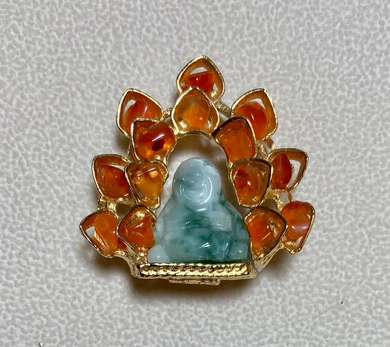 Buddha Brooch — Carnelian and Jadeite Buddha