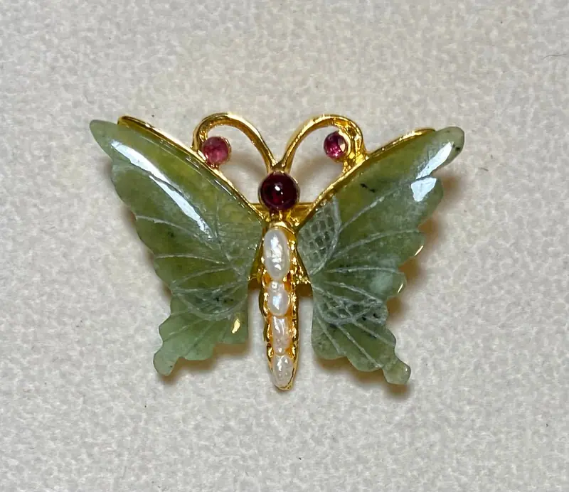 Butterfly Brooch — Jade, Pearl, Garnet, Ruby