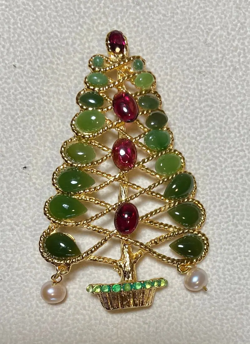 Christmas Tree Brooch — Jade, Garnet, Pearl