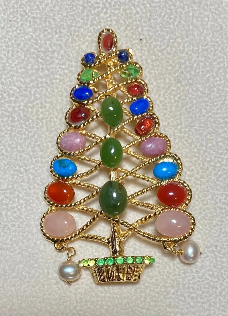 Christmas Tree Brooch — Multi-Stone, Peridot, Jade, Pearl