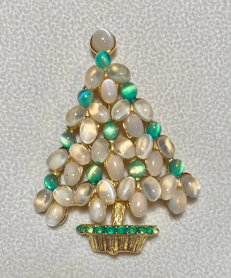Christmas Tree Brooch — White and Green Moonstone