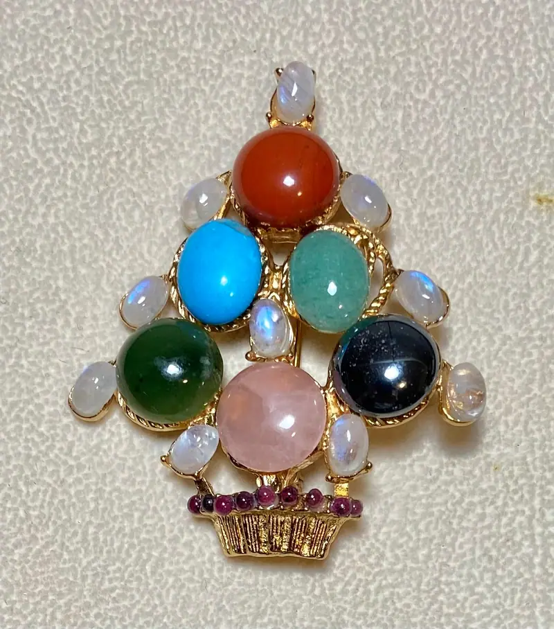 Christmas Tree Brooch — Multi-Stone, Moonstone, Garnet