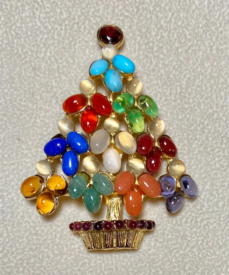 Christmas Tree Brooch — Moonstone, Garnet, Multi-Stone