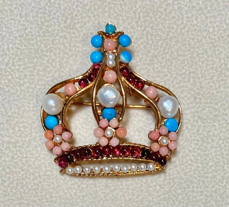 Crown Brooch — Pearl, Coral, Turquoise, Garnet