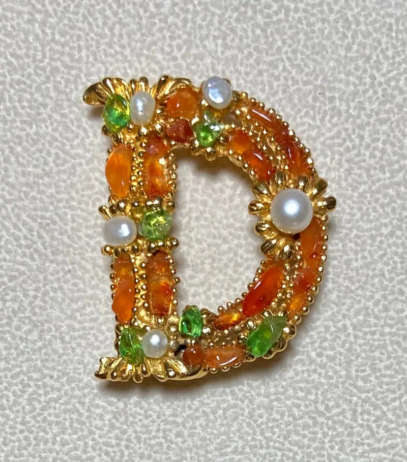 "D" Initial Brooch — Peridot, Carnelian, Pearl