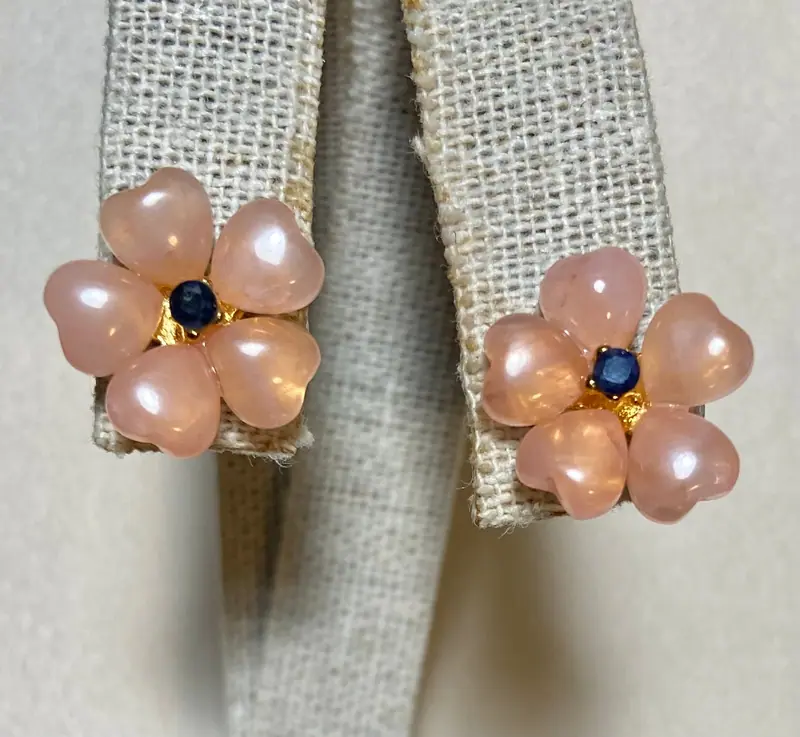 Swoboda Earrings — Heart Shaped Rose Quartz and Sapphire