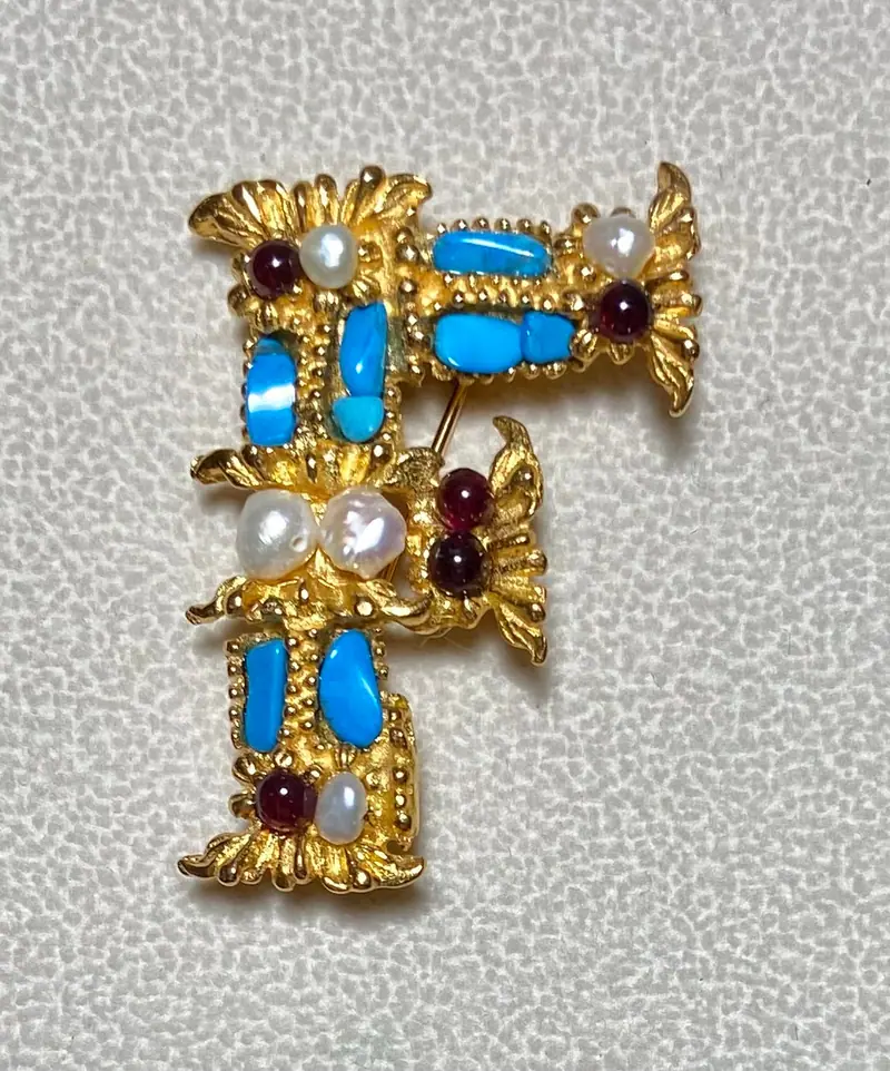 "F" Initial Brooch — Howlite, Garnet, Pearl