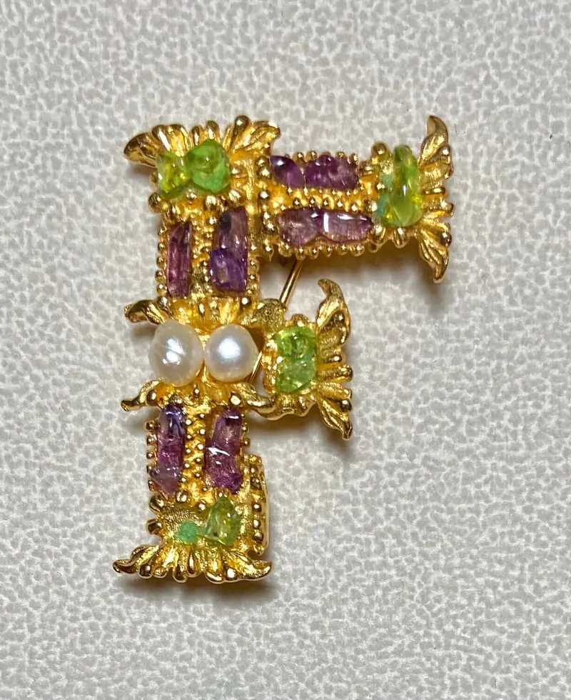 "F" Initial Brooch — Amethyst, Peridot, Pearl