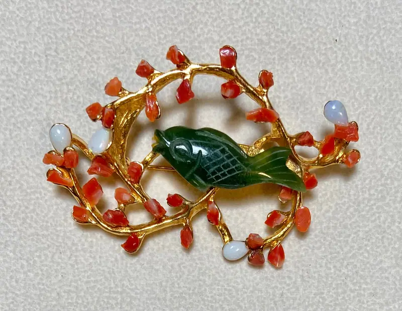 Fish Brooch — Opal, Coral, Jade Fish