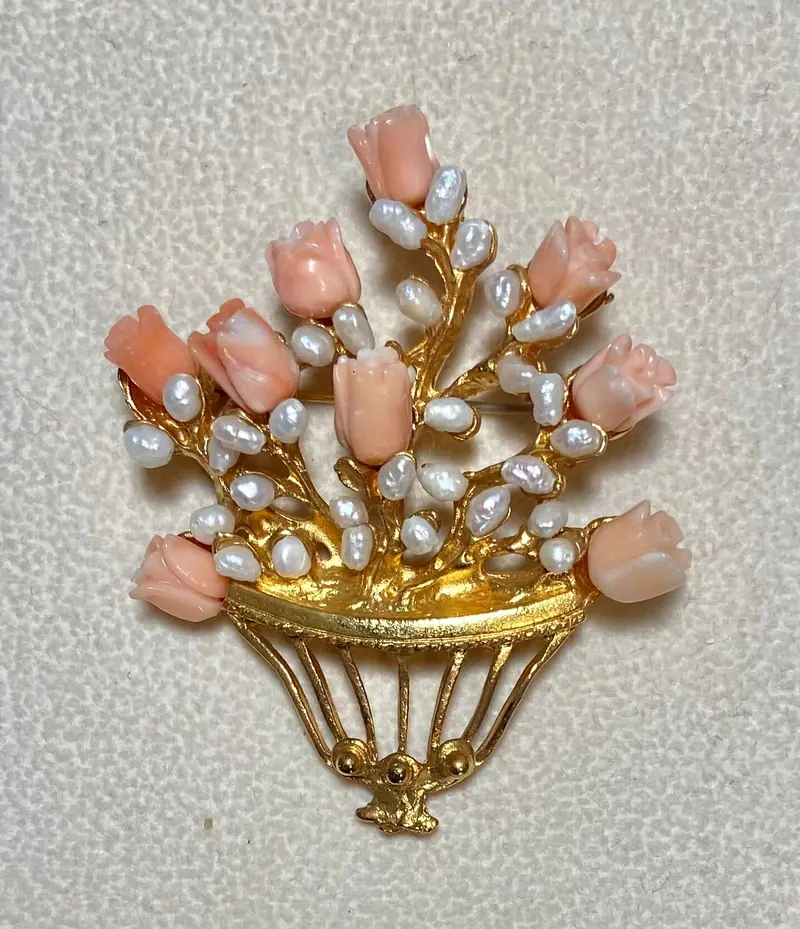 Flower Basket Brooch — Coral, Pearl