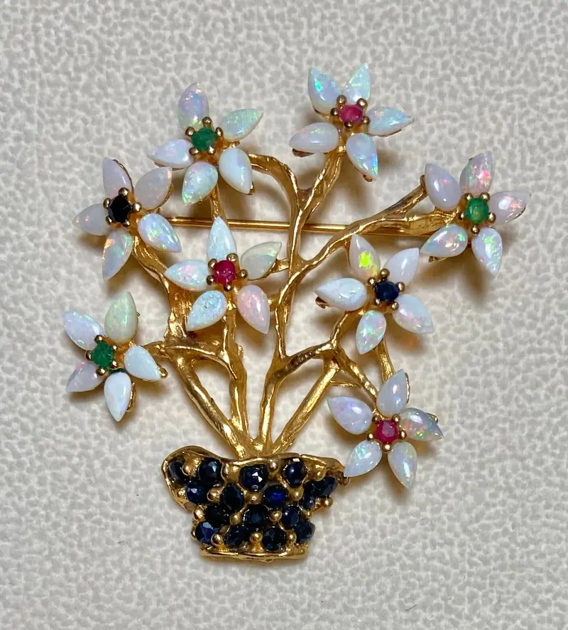 Flower Basket Brooch — Opal, Ruby, Sapphire, Emerald