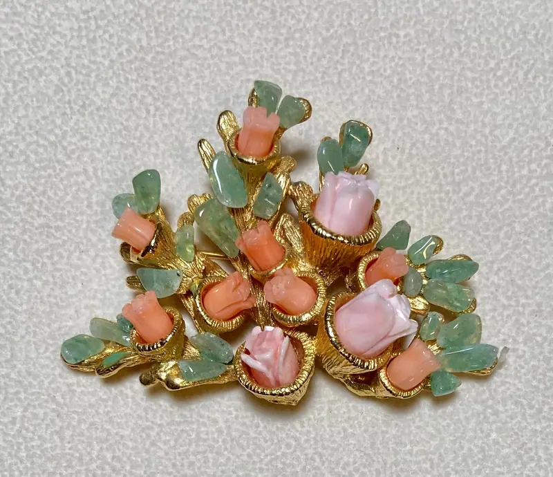 Flower Brooch — Coral, Aventurine
