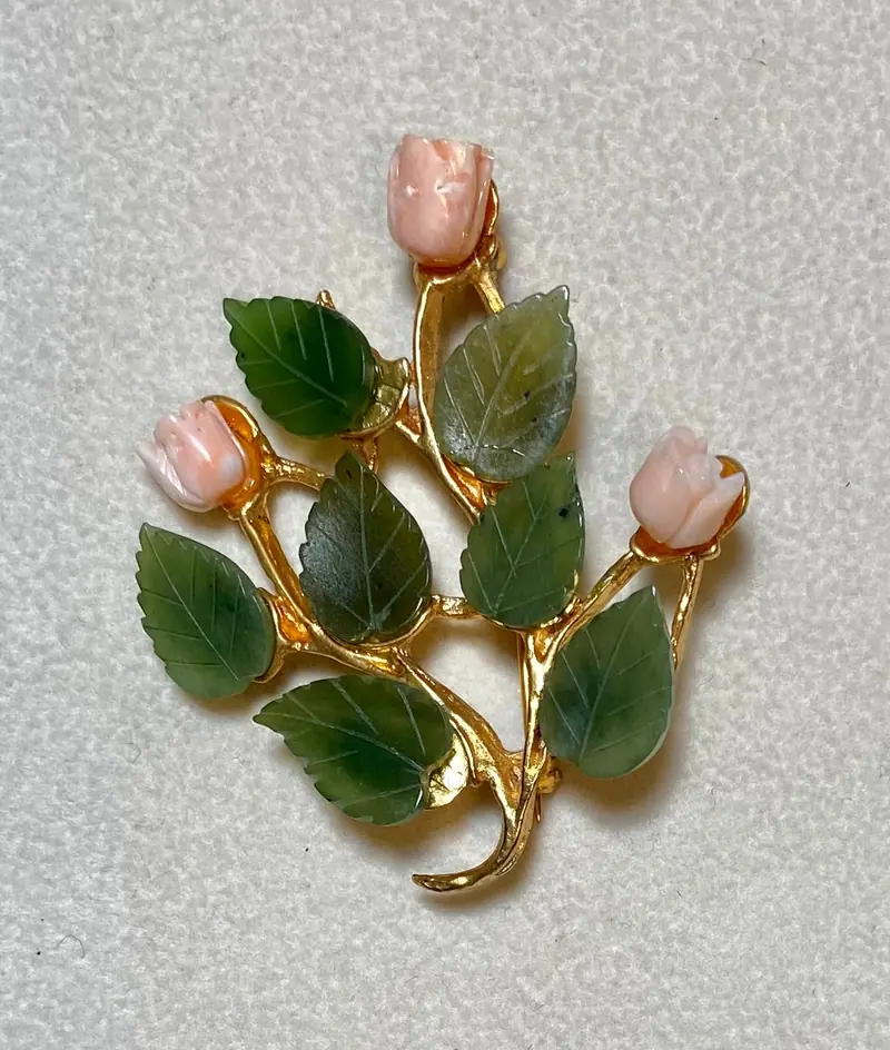 Flower Brooch — Jade, Coral