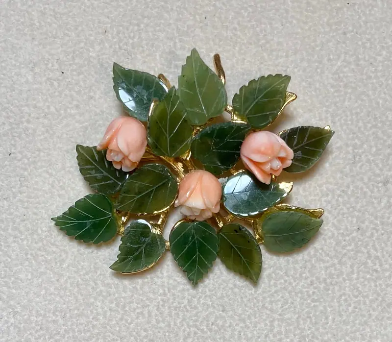 Flower Brooch — Jade, Coral