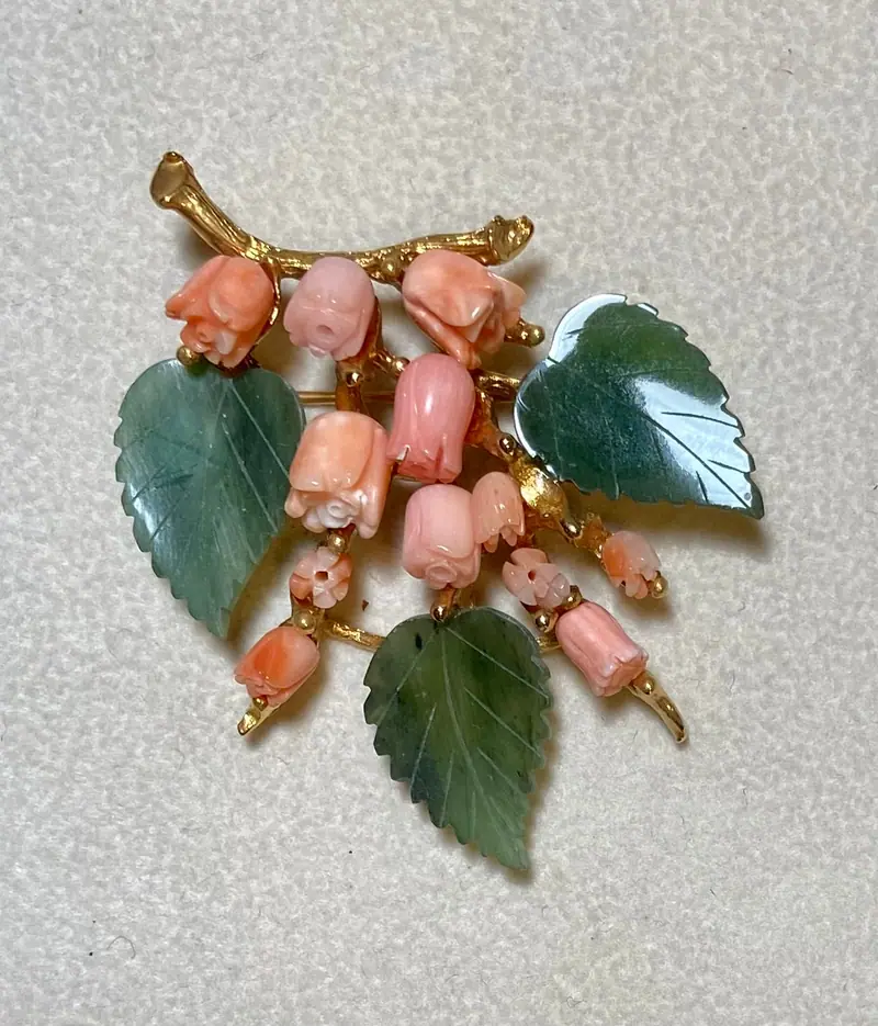 Flower Brooch — Jade, Coral