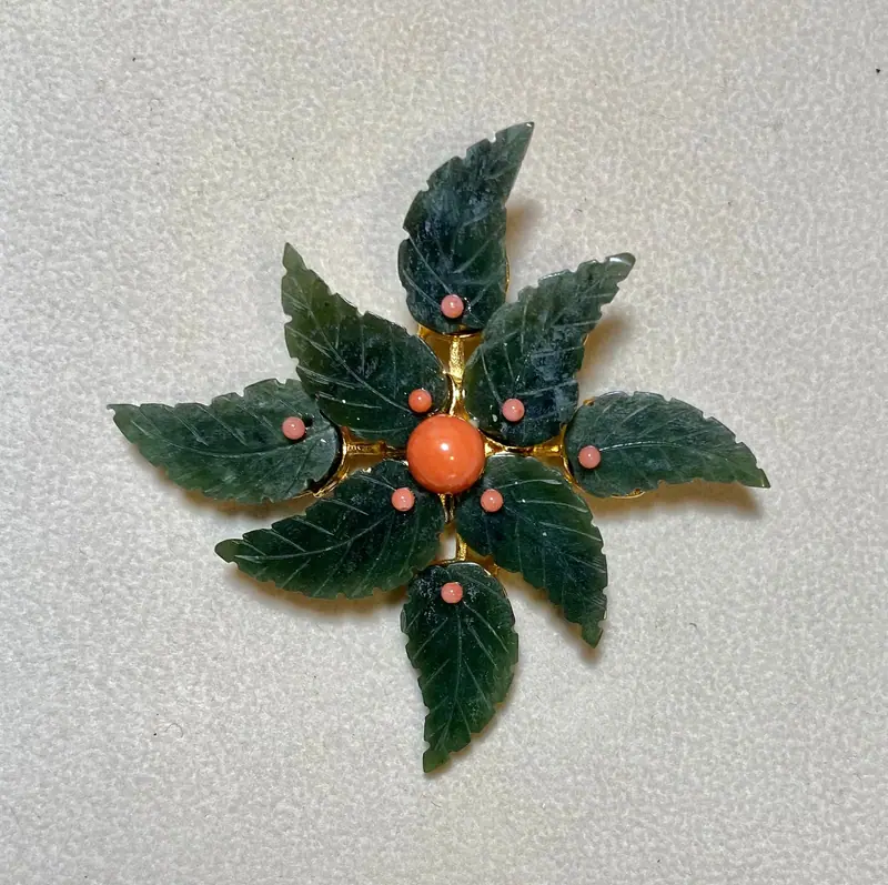 Flower / Brooch — Jade, Coral
