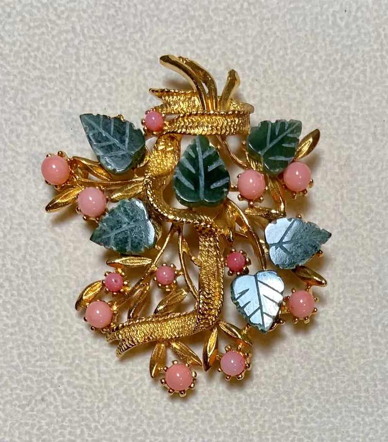 Flower Brooch — Carved Jade Leaves, Coral