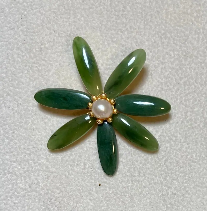 Flower Brooch — Jade, Pearl