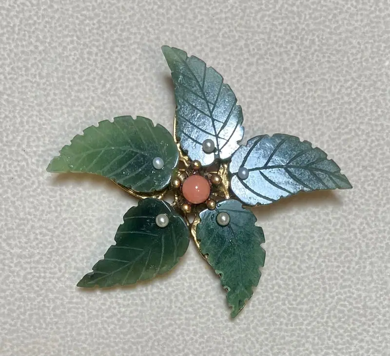 Flower Brooch — Jade Leaves, Coral, Pearl