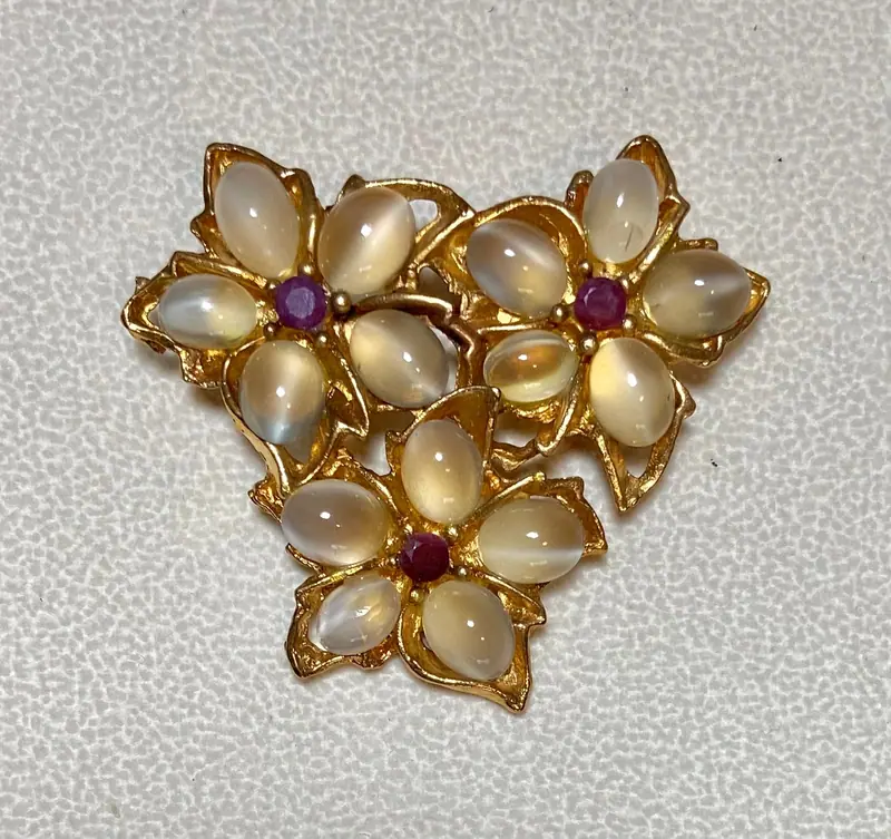 Flower Brooch — Moonstone, Ruby