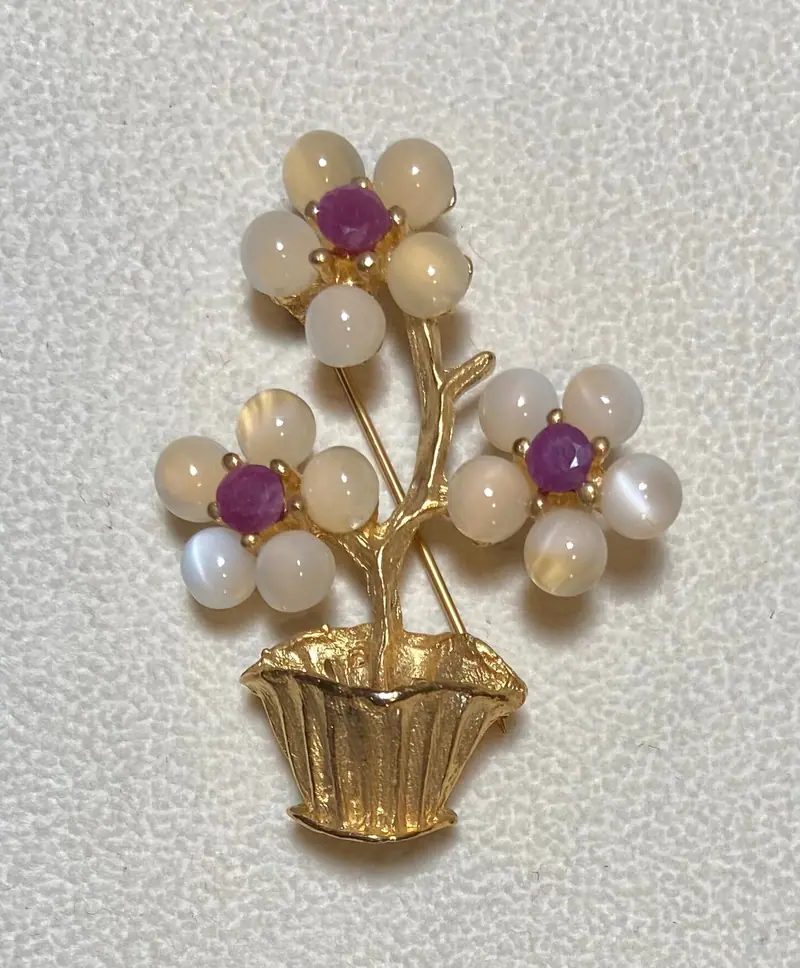 Flower Pot Brooch — Moonstone, Ruby