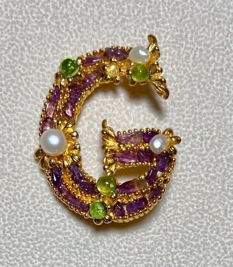 "G" Initial Brooch — Amethyst, Peridot, Pearl