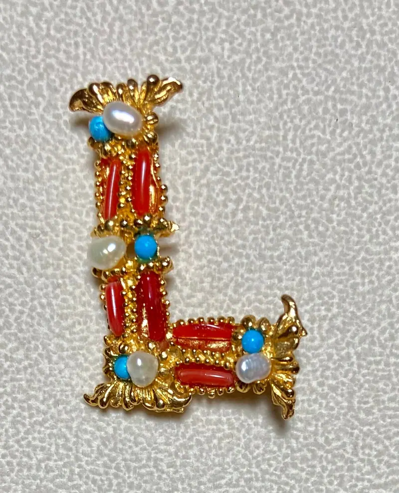 "L" Initial Brooch — Coral, Turquolite, Pearl