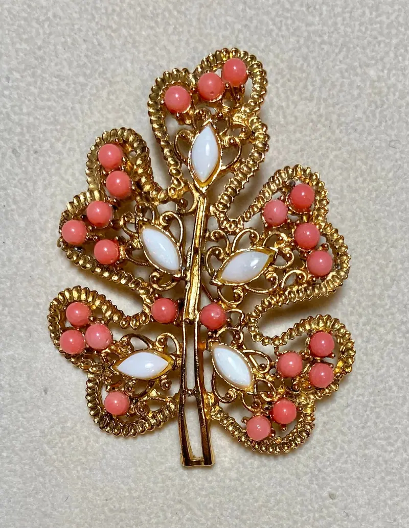 Leaf Brooch — Opal, Coral